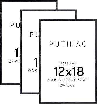 puthiac 12x18 Black Oak Wood Picture Frame - Minimalist 12x18 Poster Frame, 12"x18" Picture Frame Wood, Natural Solid Wooden Picture Frames for Wall Art Photo and Prints (3 Pack, Black)