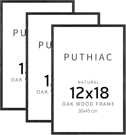 puthiac 12x18 Black Oak Wood Picture Frame - Minimalist 12x18 Poster Frame, 12"x18" Picture Frame Wood, Natural Solid Wooden Picture Frames for Wall Art Photo and Prints (3 Pack, Black)