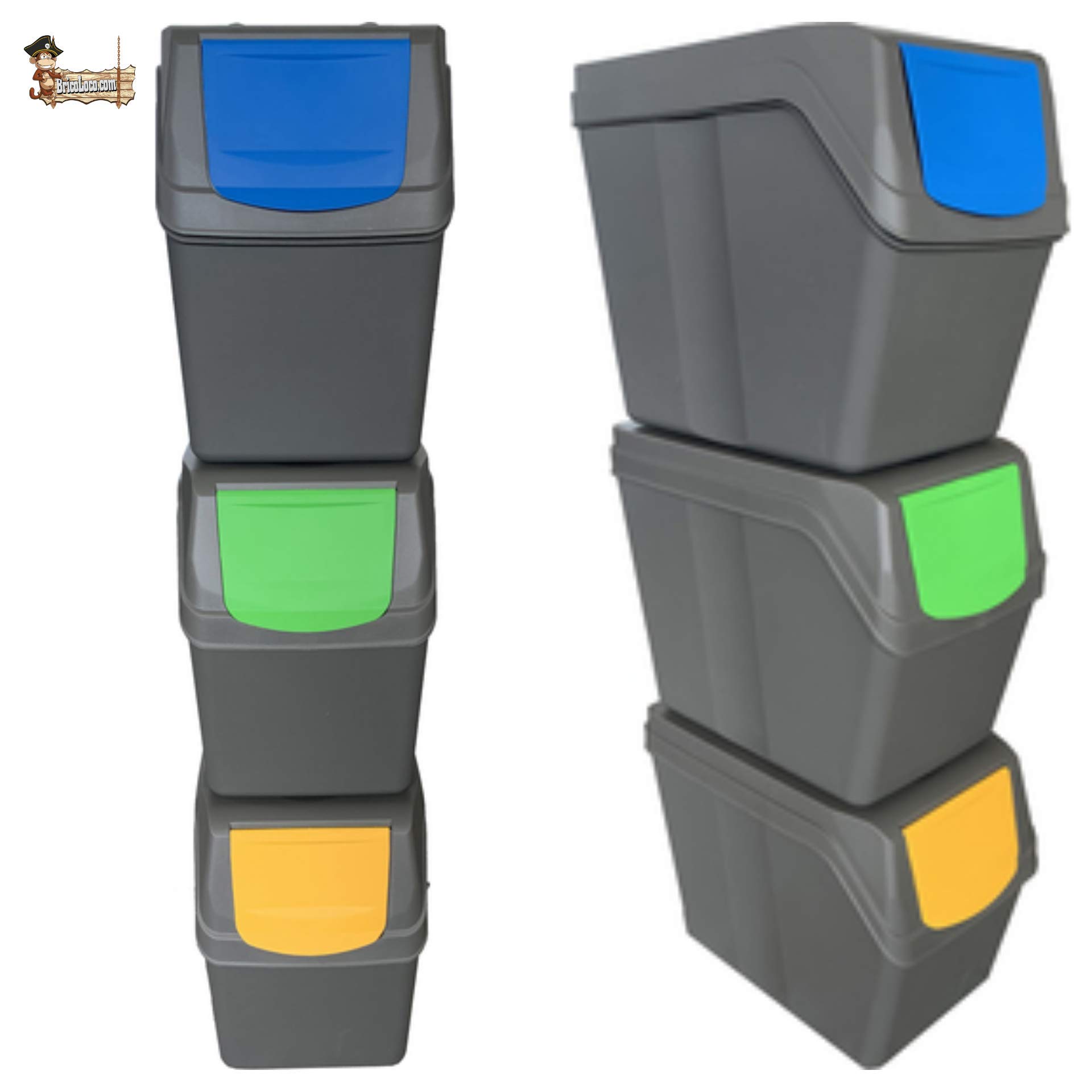 BricoLoco. Cubo basurero Vertical Reciclaje en Color Gris 60 litros. Cubo para Reciclar Papel, Vidrio y plástico.