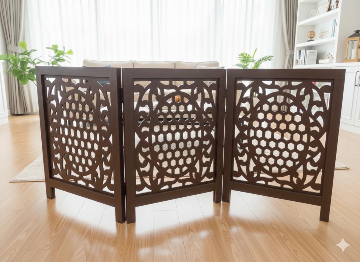 Decorative Room Divider Screen, Brown Wood, 3 Panel Folding Privacy Screen, Geometric Honeycomb Pattern, Freestanding Partition-image-7