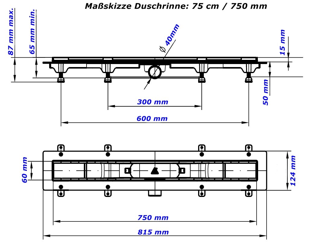 Canaleta para ducha de acero inoxidable, 65 cm, modelo Square