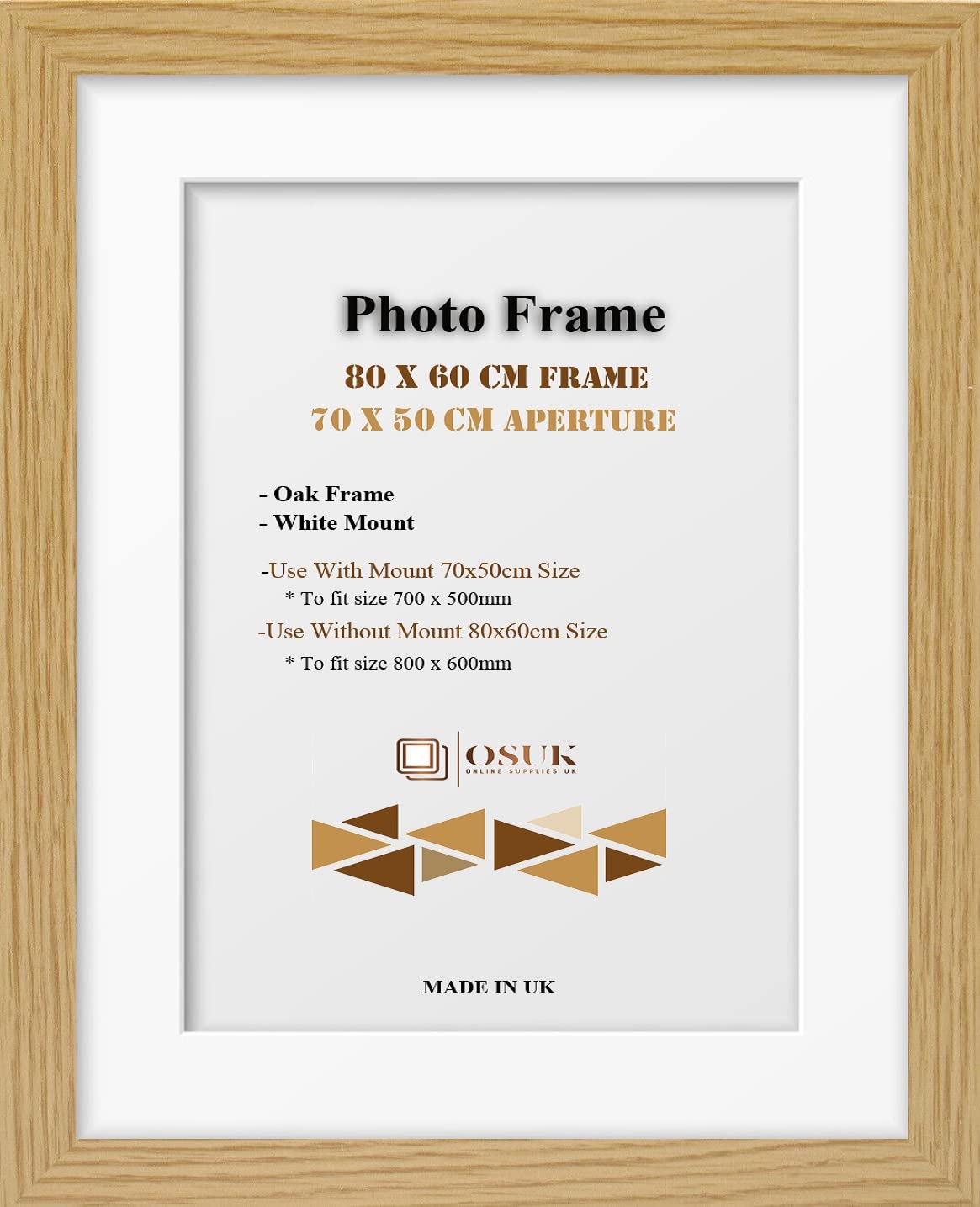 OSUK Oak 80x60 cm Frame With 70x50 cm White Mount - Modern Photo Frames With Clear Perspex Front & Wall Mounting Poster Frame - 80 x 60cm Frames With 70 x 50cm Mounts