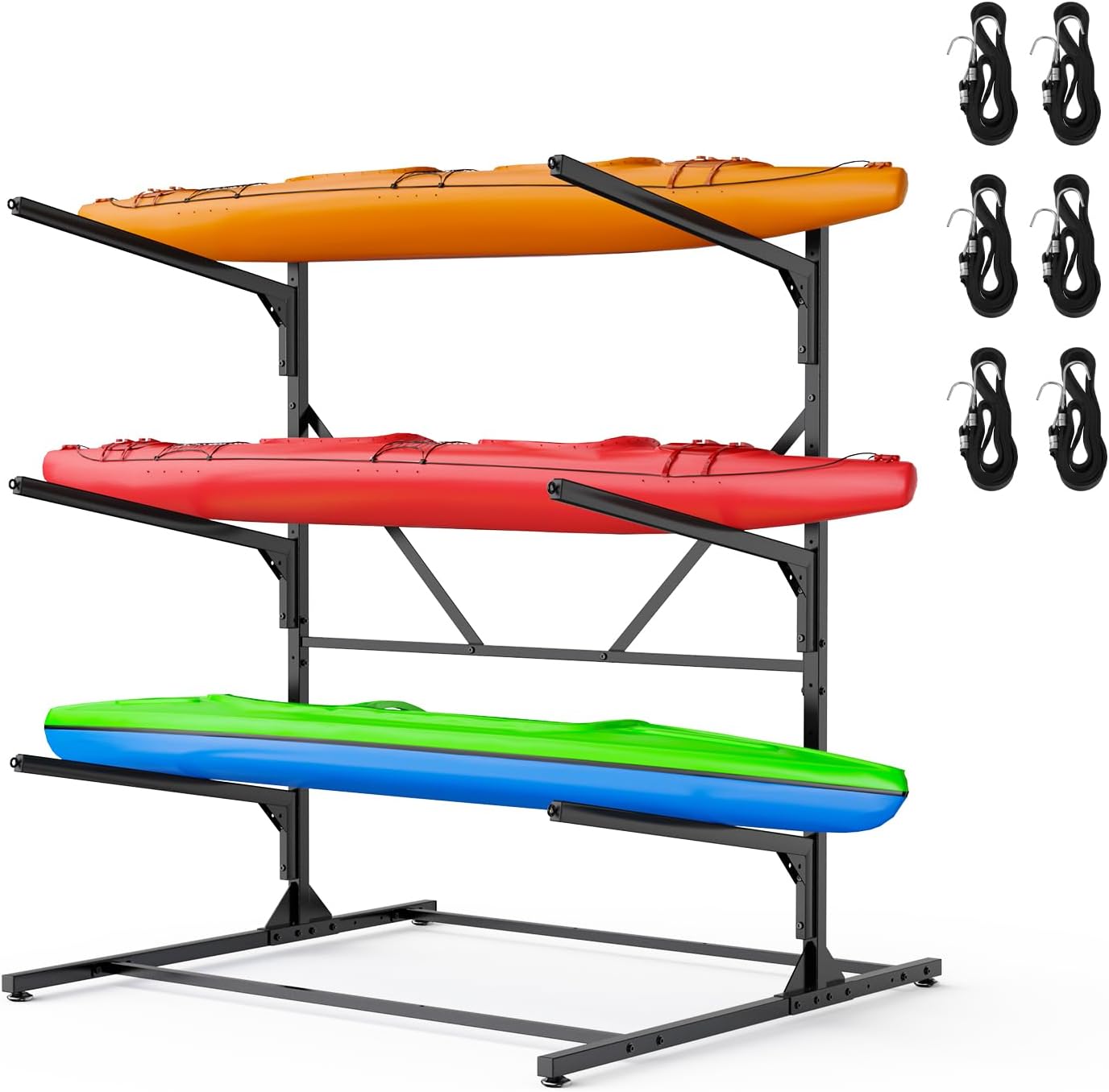 Kayak Storage Rack, Heavy Duty Freestanding Kayak Rack for Garage and Outdoor Storage, Kayak Stand Adjustable for Kayak, Canoe, Surfboard and Paddle Board 3 Kayaks, Freestanding
