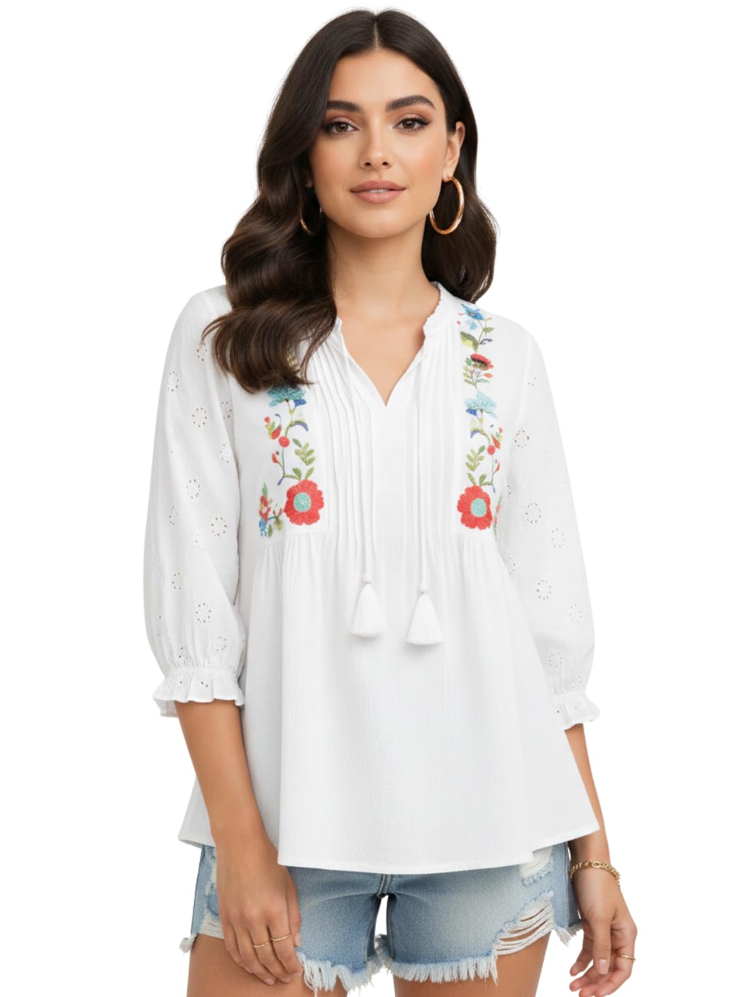 Women's 100% Pure Cotton White Floral Embroidered Schiffli Top with Tassel Tie-Up Neck | Pintuck Front Long Sleeve Resort Wear | Relaxed Peasant Top for Vacation, Beach, Casual-image-37