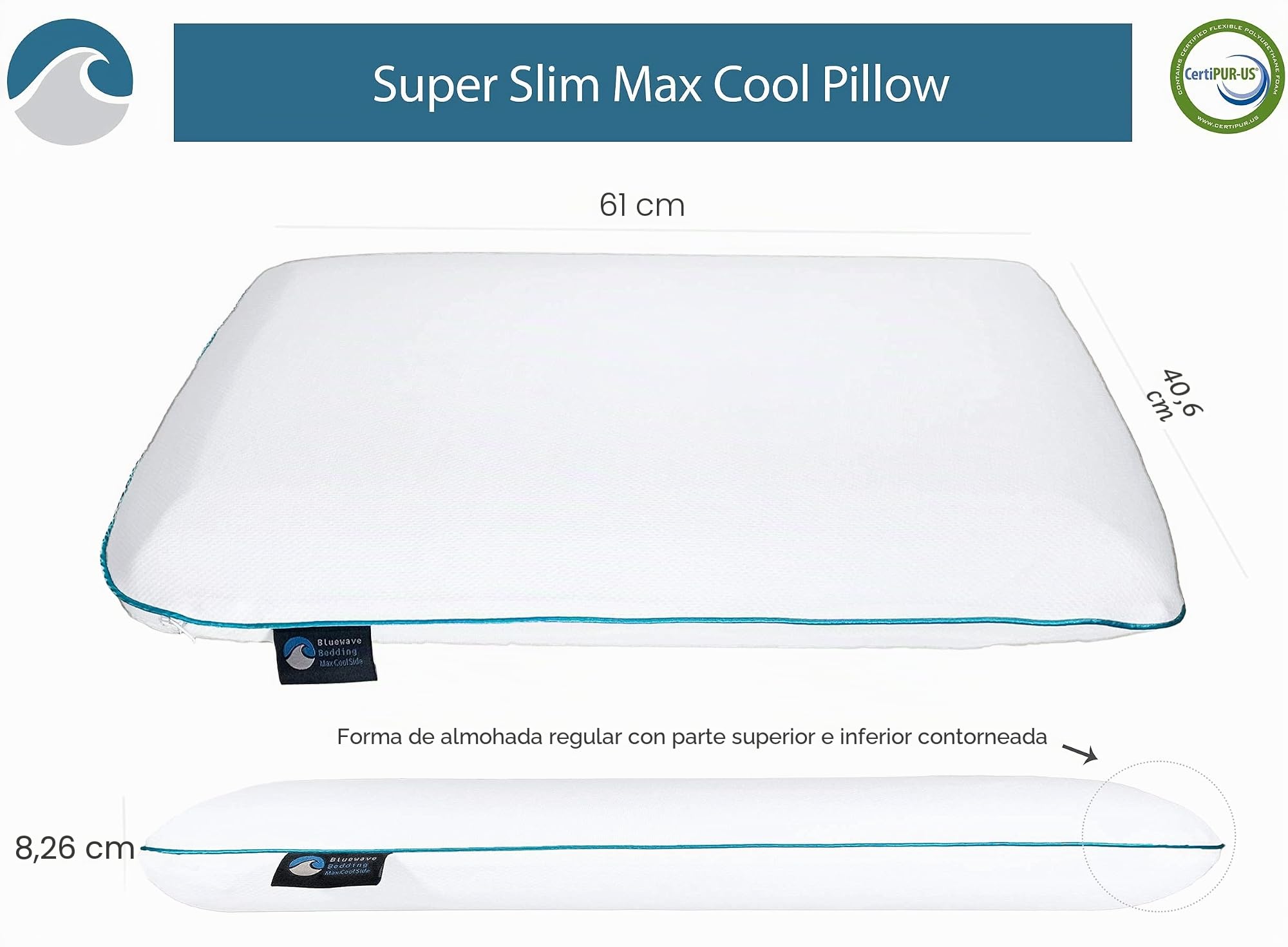 Bluewave Bedding Almohada de espuma viscoelástica de gel CarbonBlue Max Cool Super Slim para personas que duermen boca abajo y boca arriba, diseño delgado y plano con enfriamiento avanzado (8.25 cm de