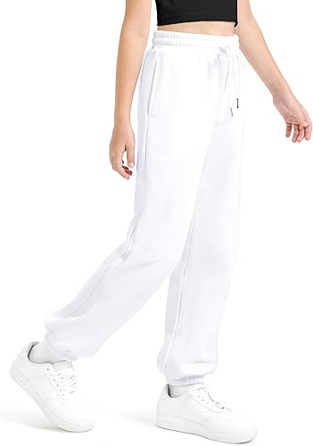 BOOPH Girls Fleece Sweatpants Kids Winter Sweat Pants Athletic Joggers Clothes for Teen Girls(White,11-12 Years)
