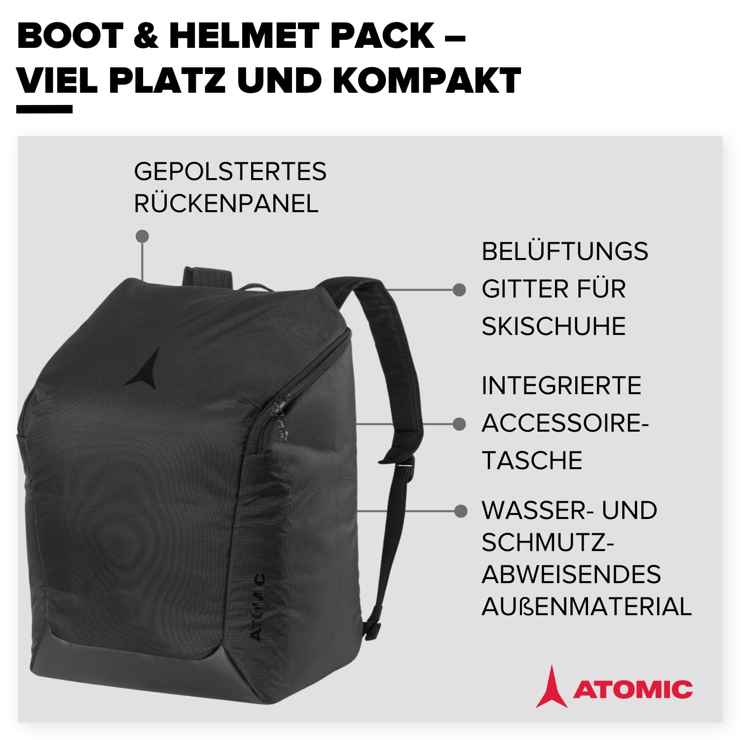 ATOMIC Boot & Helmet Pack I Hochwertige Skischuhtasche mit Helmfach I Wasserabweisender Skischuh-Rucksack aus 600D Polyestergewebe I Kompakte Skitasche mit gepolstertem Rückenpanel