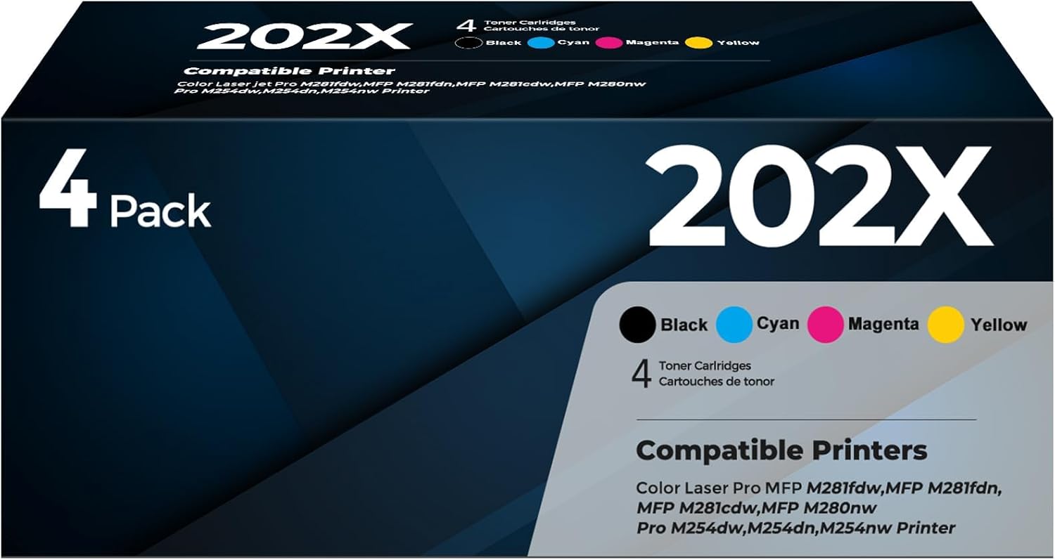 202X Toner Cartridges Set 4-Pack High Yield Toner Compatible for 202X CF500X Color Toner Cartridge for Color Laser Jet Pro MFP M254dw M281fdn M281fdw M281cdw M280nw M254dn M254nw Printer, BK/C/M/Y