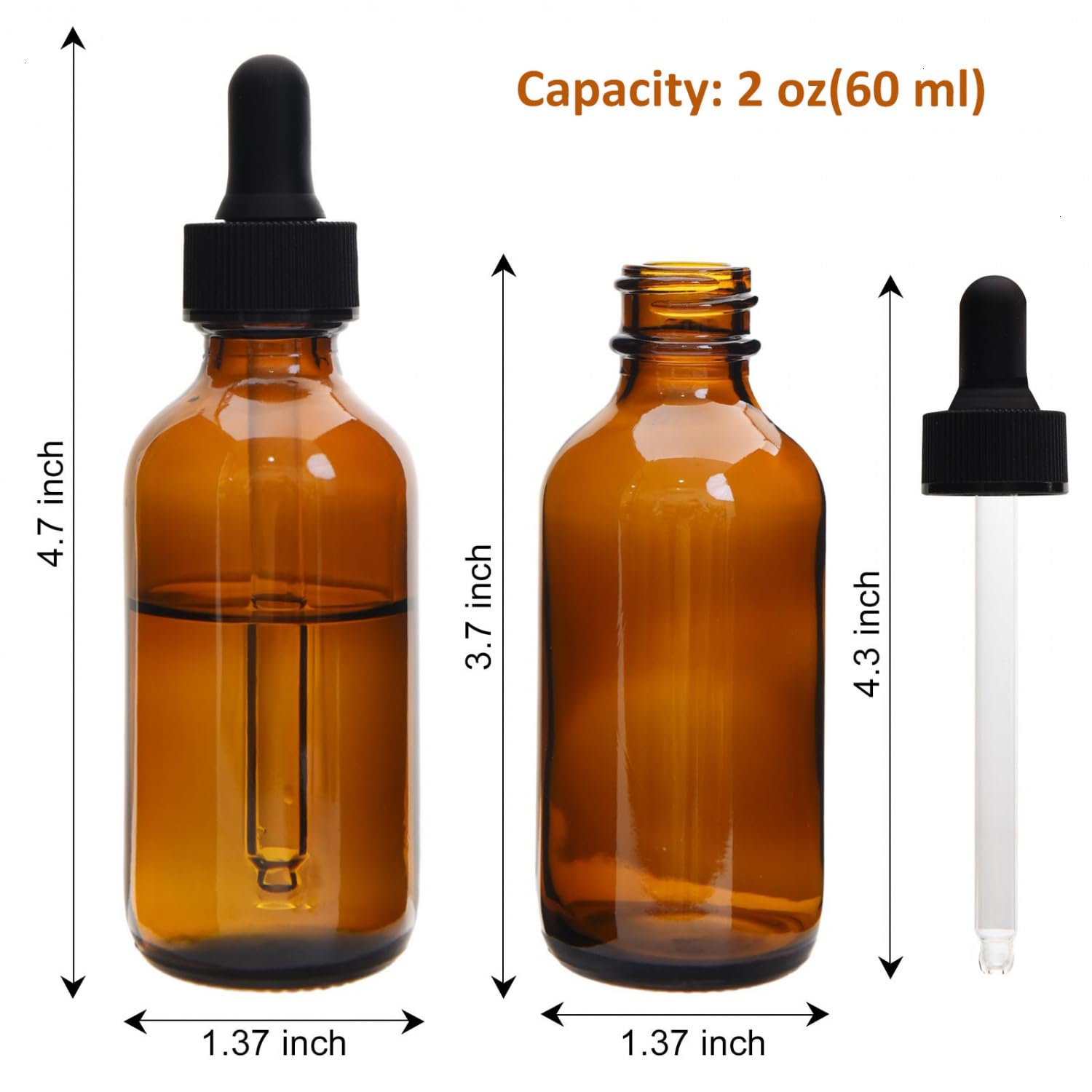 June Fox Glas-Tropfflasche, 57 ml, bernsteinfarbene Glasflaschen mit Glaspipetten und schwarzem Deckel für ätherische Öle, Laborchemikalien, Parfüm, 80 Stück