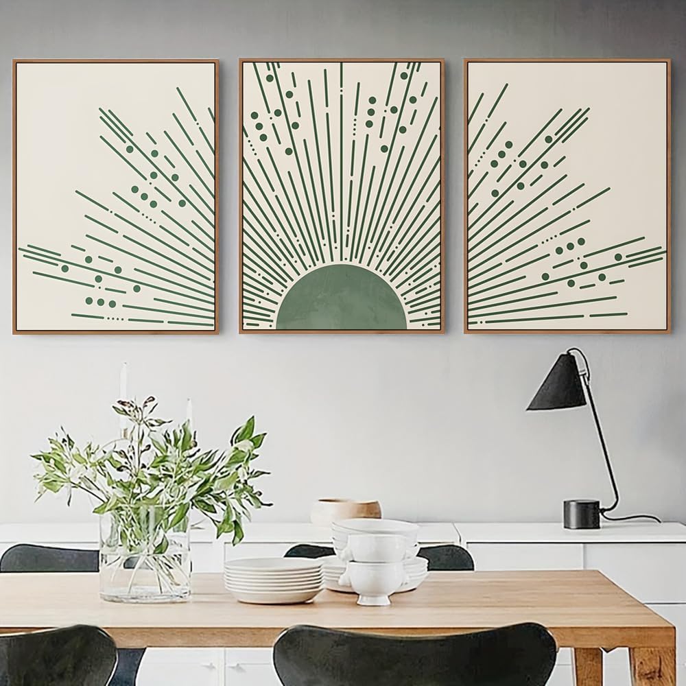 Boho Canvas Wall Art Sage Green Sun Rising on the Sea minimalistyczny plakat, wydruki do wystroju salonu w łazience (80 x 120 cm x 3/wewnętrzna ramka)
