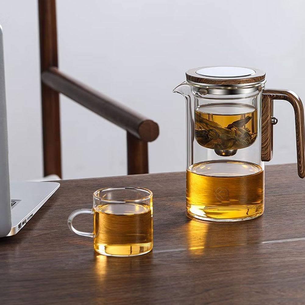 Teiera in vetro con infusore a pressione, teiera incantata 2 in 1, con manico in legno, regalo per gli amanti del tè, colore bianco, 720 ml