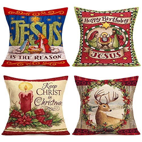 Easternproject Set Of 4 Happy Birthday Jesus Throw Pillow Covers Cotton Linen 18X18 Inch Nativity Keep Christ In Christmas Quotes Pillow Cases Xmas Gifts Home Bedroom Decor Cushion Cover #TOP2