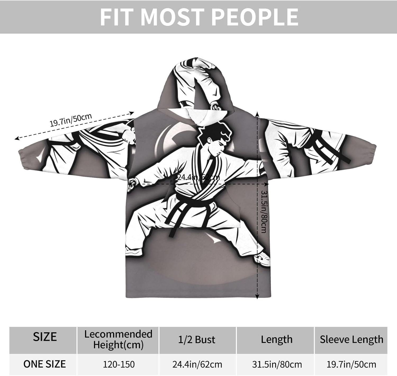 Karate-Highkick-Icon Print Oversized Blanket Hoodie, Wearable Blanket Hooded,Hooded Pullover With Pocket