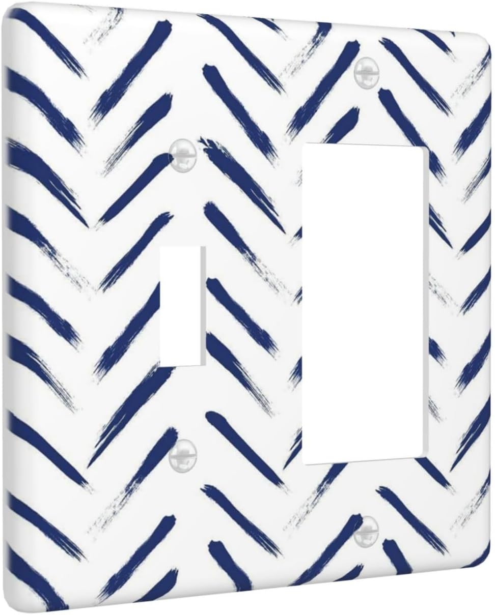 Blue And White Geometric Stripe Modern 2 Group Switch Rocker Combination Wall Plate Decorative GFCI Equipment Outlet Cover Socket Electrical Panel Switch Plate For Bedroom Bathroom Kitchen Decor