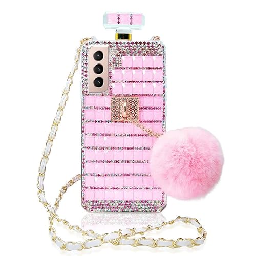 Losin Compatible With Galaxy S22 Perfume Bottle Case For Women And Girls Detachable Crossbody Lanyard Case Luxury Bling Diamond Glitter Shiny Rhinestones Gemstone With Cute Plush Furry Ball #TOP25