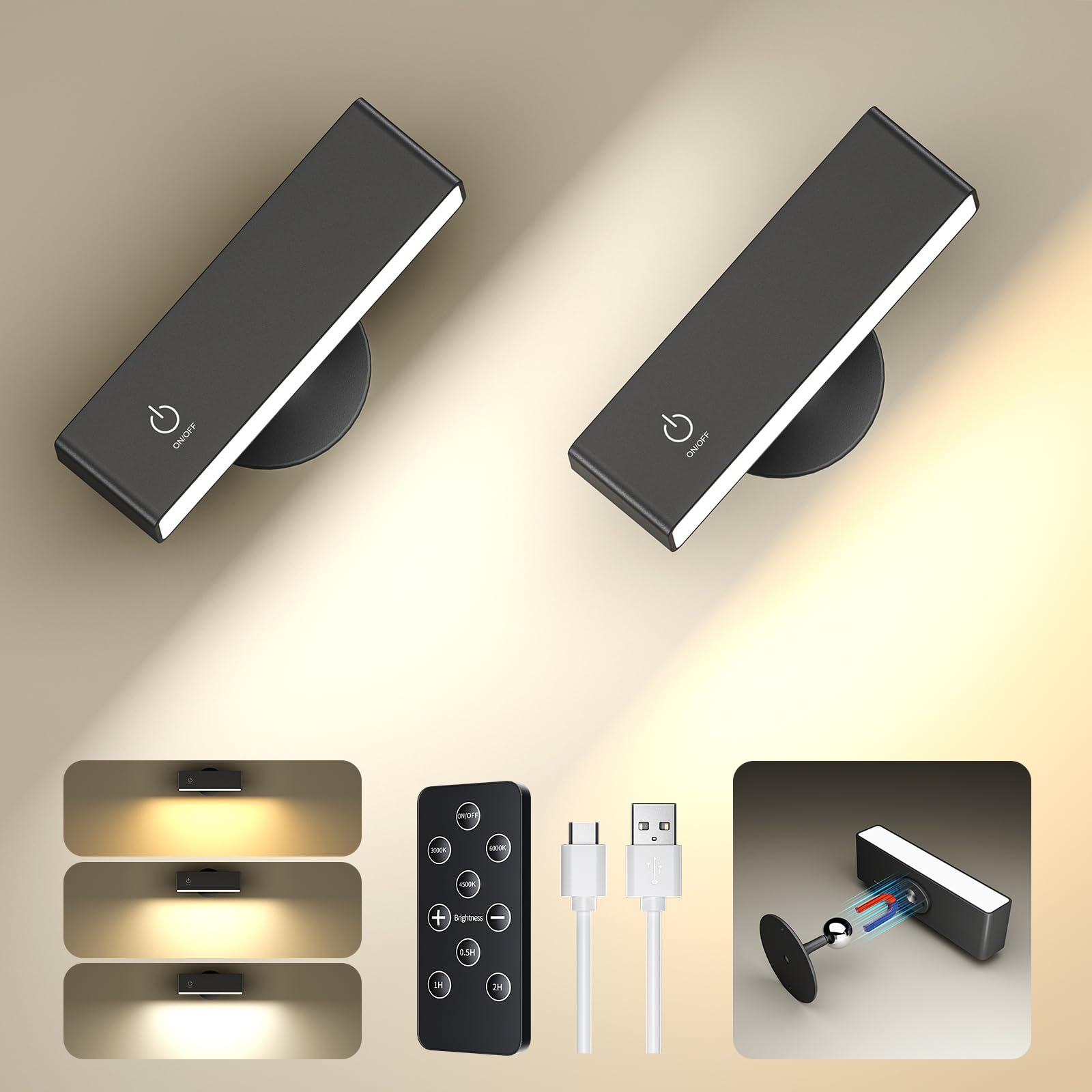 YiLaie LED Wandleuchte Innen, 4000-mAh-Akku Wandlampe Mit Touch Control, Dimmbar, 360° Drehbare Magnetische Leselampe für Schlafzimmer, Wohnzimmer, Nachttischlampe