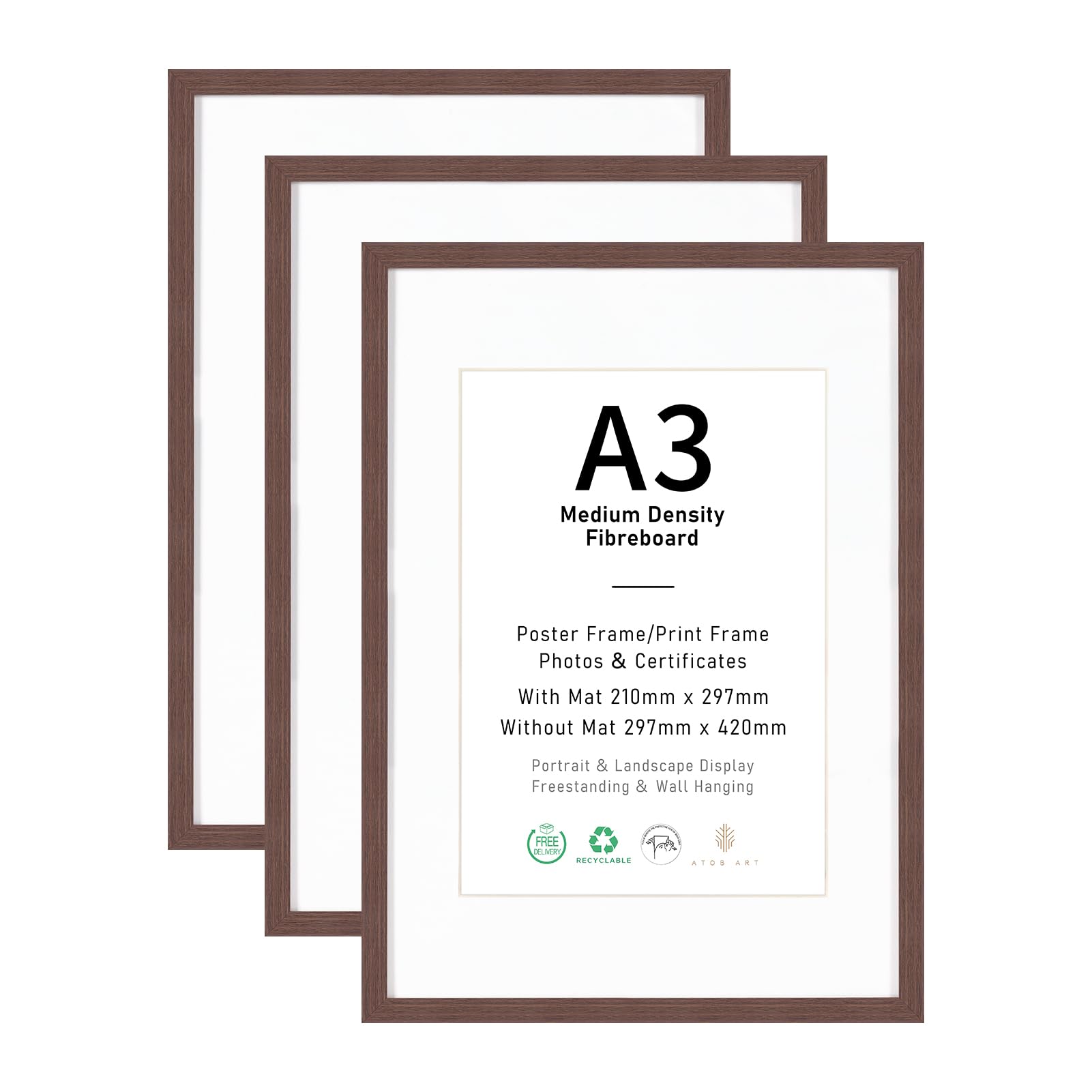 A3 Picture Frame Set of 3, Display A4 with Mat or A3 without Mat, Terracotta Brown Wood Photo Frames for Wall Mounting or Table Top Display