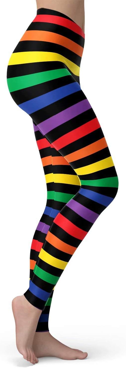 sissycos Women's 80s Leggings Buttery Soft Rainbow Stripes Printed Stretchy Pants - Image 4