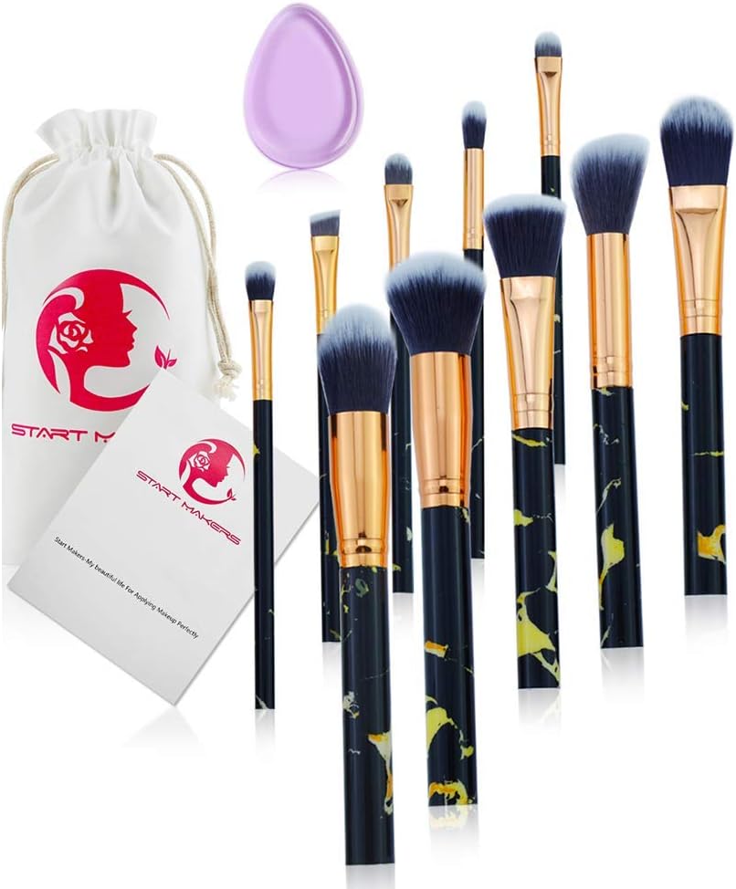 Start Makers Black Marble Makeup Plastic Synthetic Fiber Brushes (Set 10 Pieces)
