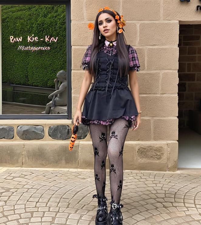 Women Thigh High Tights Black Fishnet Stockings for Halloween Cosplay, High Waist Skull Mesh Leggings - Image 6
