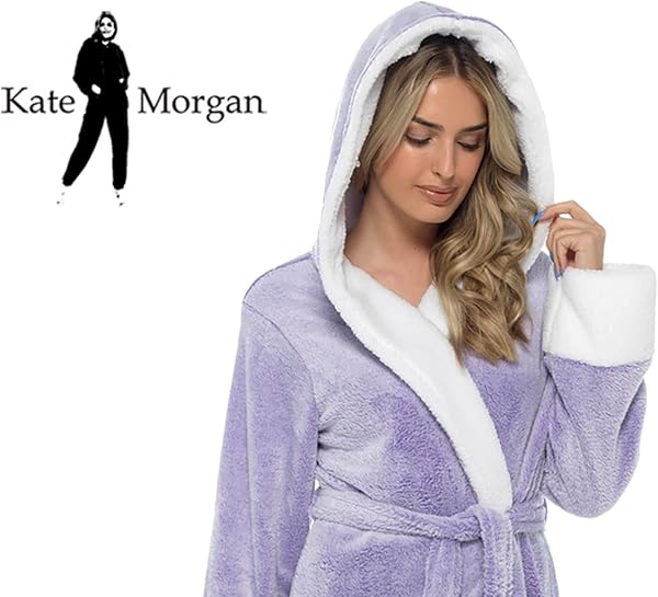 KATE MORGAN Ladies Dressing Gown Fluffy Super Soft Hooded Bathrobe for Women Plush Fleece Perfect Loungewear Long Robe | Gifts for Women - 5