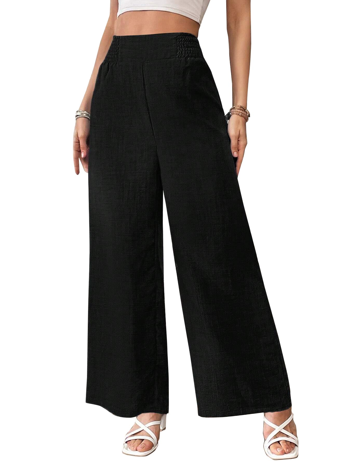 Vogaan Trousers for Women | Women's Loose Fit Trouser | Women's High-Waisted Wide Leg Pant (Black-L)