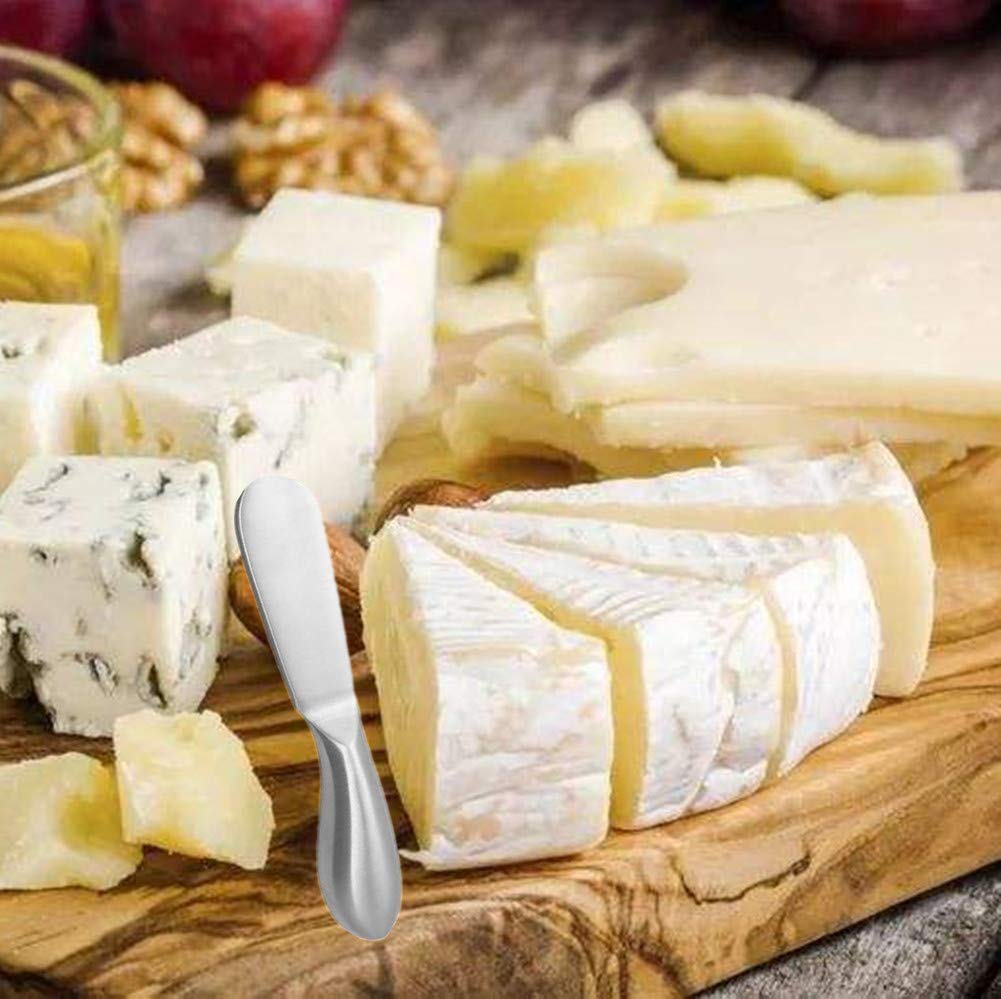 Juego de cuchillos esparcidores, 6 cuchillos esparcidores de queso y mantequilla, mini pinzas para servir, cuchillos de mantequilla multiusos de acero inoxidable (plateado)