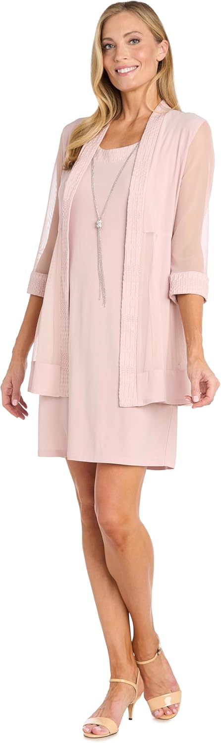 R&M Richards Women's Glitter Jacquard Jacket W/Sheer Insets & Knee-Length Shift Dress W/Necklace - Formal 2-Piece Ensemble