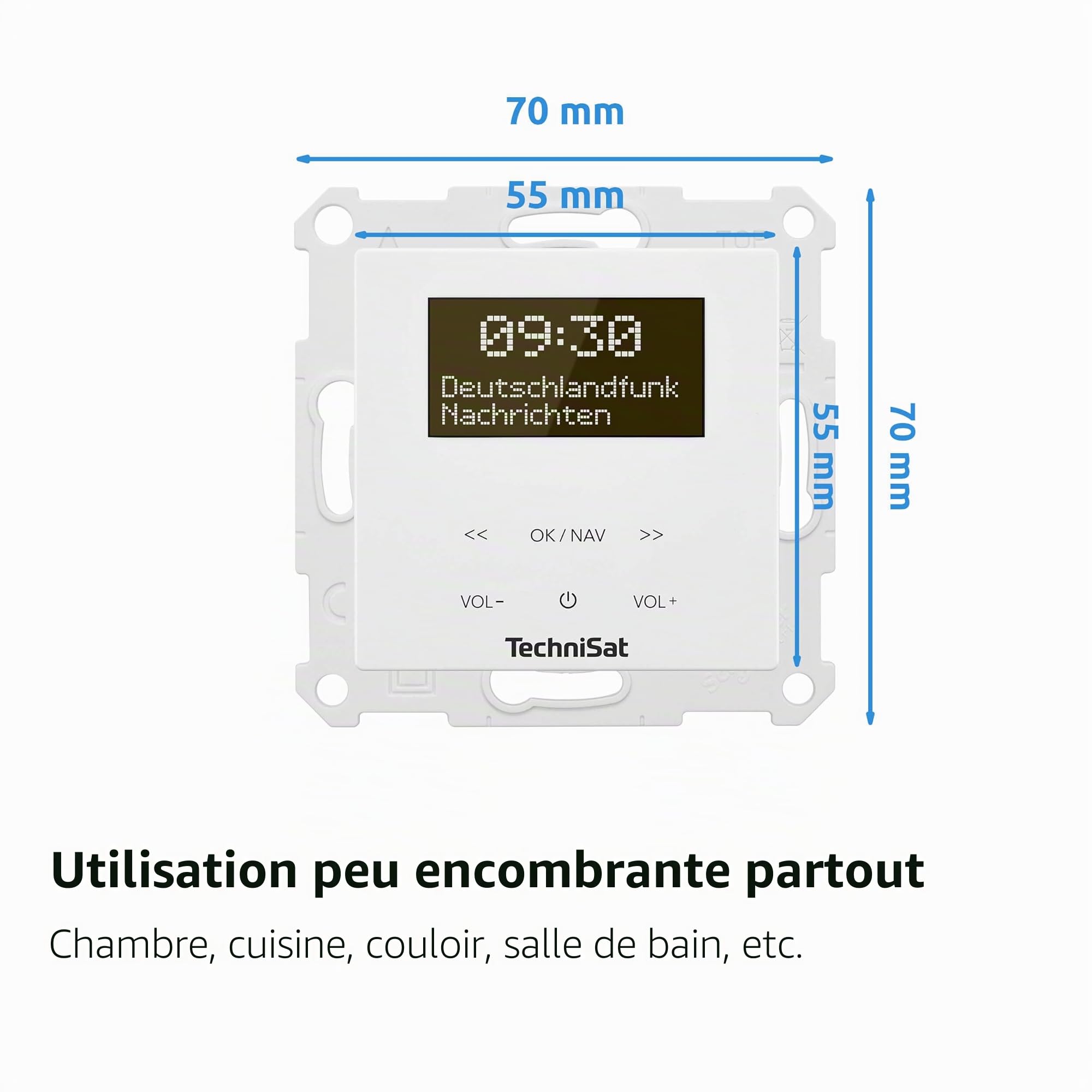 TechniSat DIGITRADIO UP 55 - Radio Dab+ encastrable pour Un Montage Flexible (Dab, FM, réception Bluetooth, écran OLED dimmable, Alarme et minuterie de Sommeil, 2 Watts) Frontale RAL 9016, Blanc