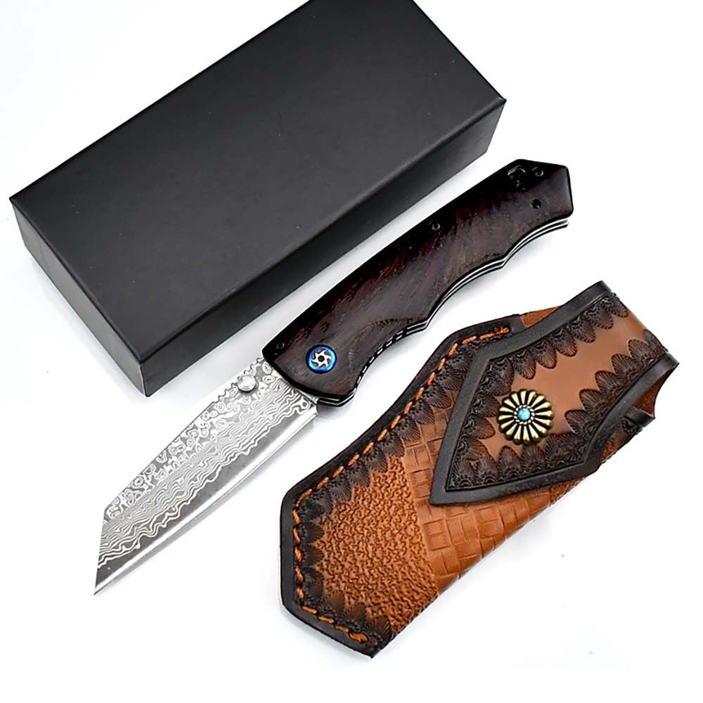 Taschenmesser Damast Sammeln Klappmesser Aus Damaszener Damaststahl Holzgriff mit Axis lock, Ebenholz, 9.3cm Klinge, Outdoor Edc Messer Survival Jagdmesser, Damaskus Geschmiedet, Einhandmesser/Holster