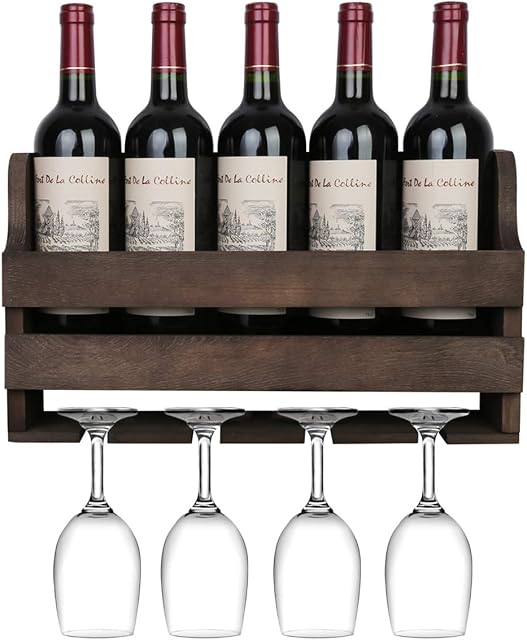 OROPY Fully Assembled Wall Wood Wine Rack and Glass Holder, Can Hold Up to 5 Bottles and 4 Stemware Glasses , Rustic Wine Storage Display Shelf for Kitchen, Dining Room, Bar,42 × 10 × 24cm