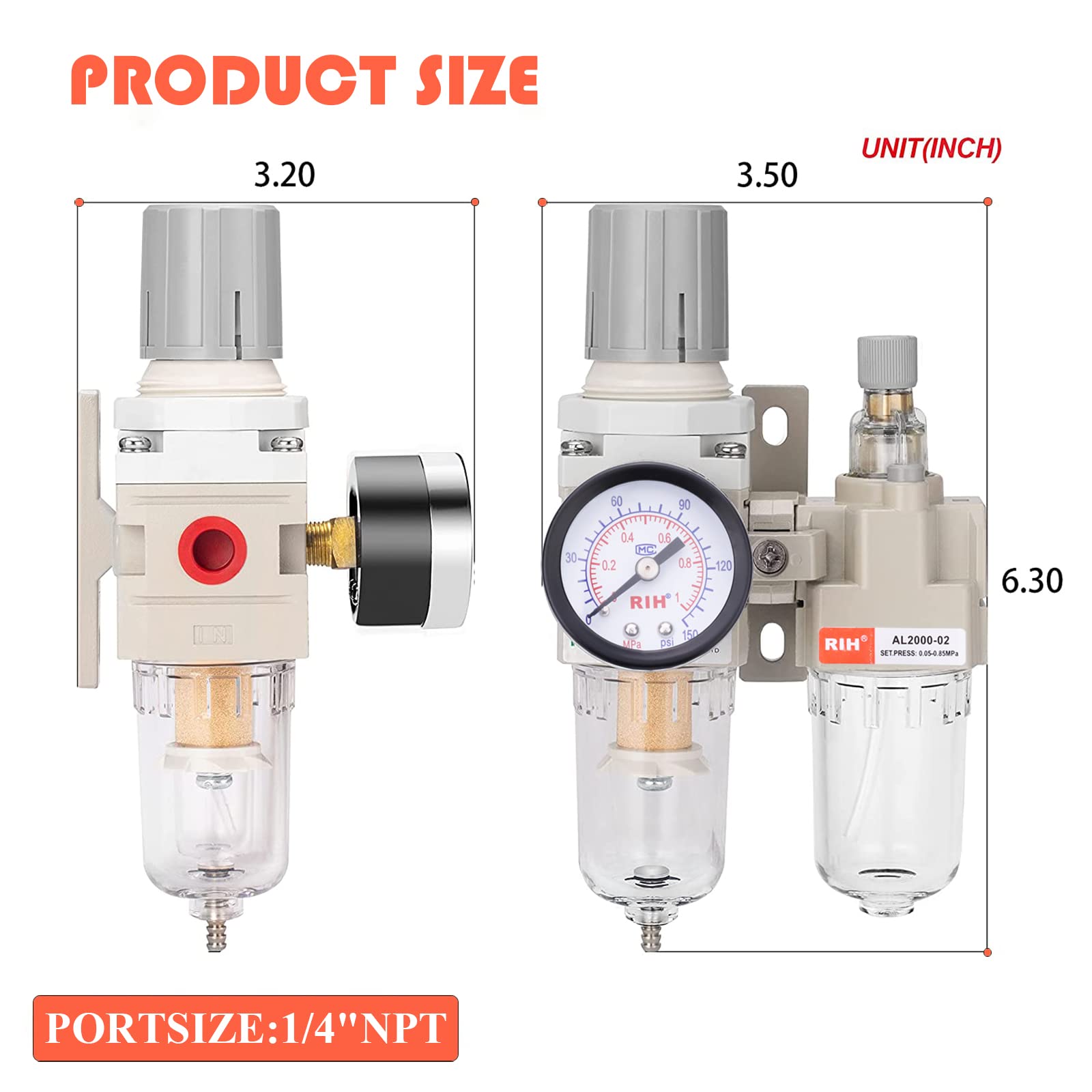 RIH Pneumatics Compressed Air Filter Regulator Lubricator Combo Water/Oil Trap Separator - Gauge(0-150 psi), Semi-Auto Drain, Poly Bowl,Bracket - 3 in 1 Two Unit (1/4" NPT) 1