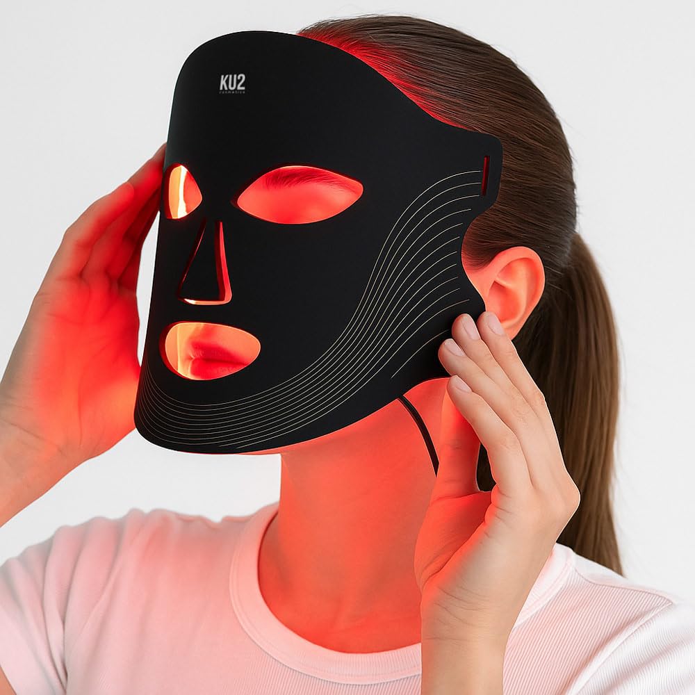 KU2 LED Gesichtsmaske mit 7 Lichtmodi – 180 LEDs für Anti Aging – Reduziert Falten, Akne & Rosacea – Lichttherapie Maske – Rotlichtmaske für zu Hause