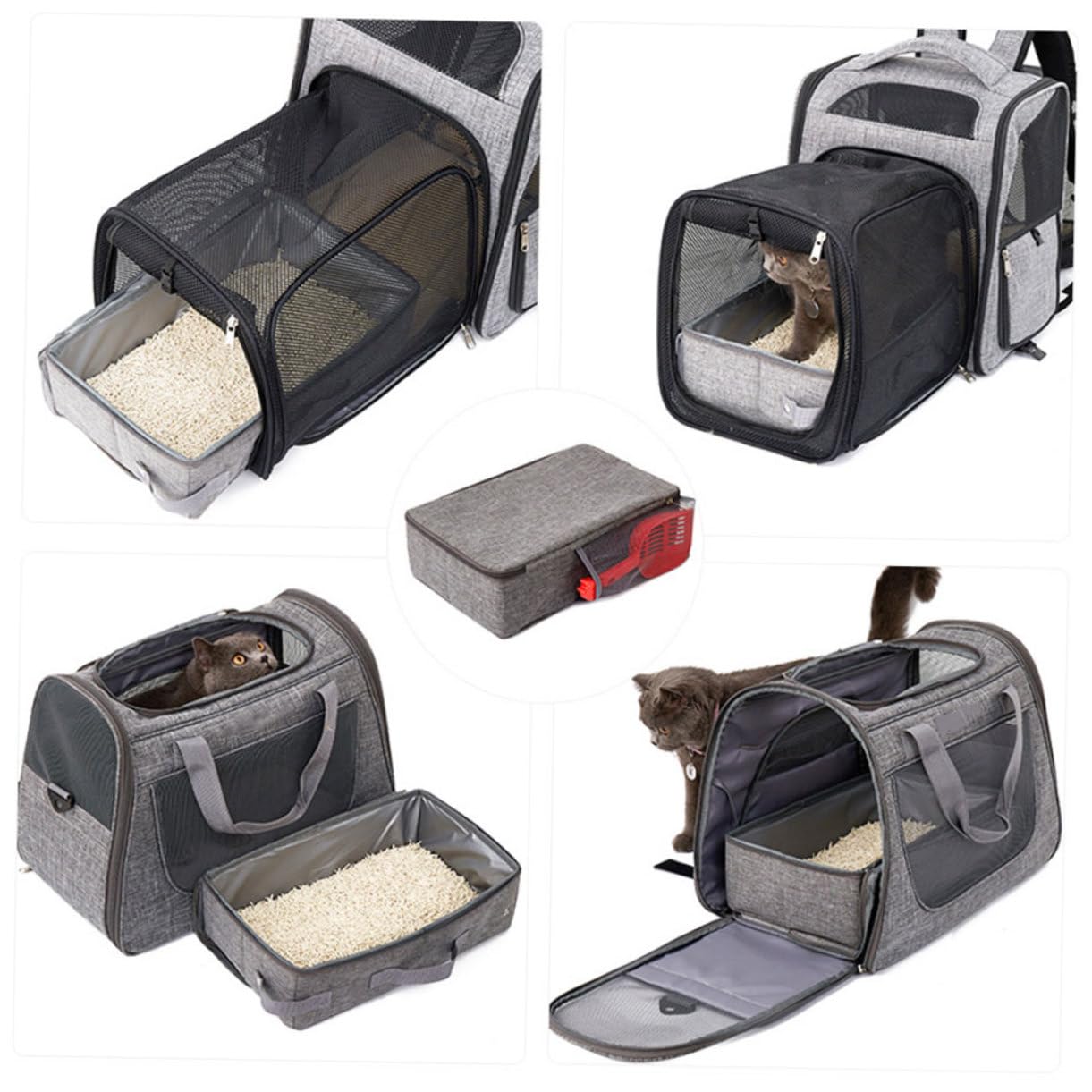HEMOTON 3 Pièces Bac à Litière Portable Pour Chat Pliant Bac à Litière Pour Chat Avec Capuche Litière De Chats Voyage Boîtes à Litière Pour Chats Plateau Pliable Gris Clair Tissu Oxford