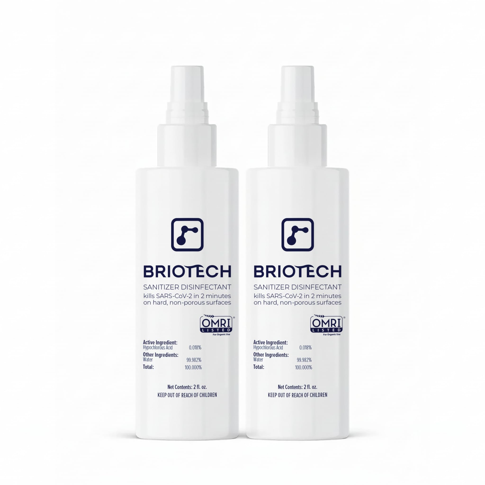 BRIOTECH Sanitizer Disinfectant Hypochlorous Spray, Kill 99.99% of Viruses & Bacteria, Control Mold, Eliminate Odor, Gentle for Nurseries, Food Contact Surface Sanitizer, 2 fl oz Travel Size (2 Pack)