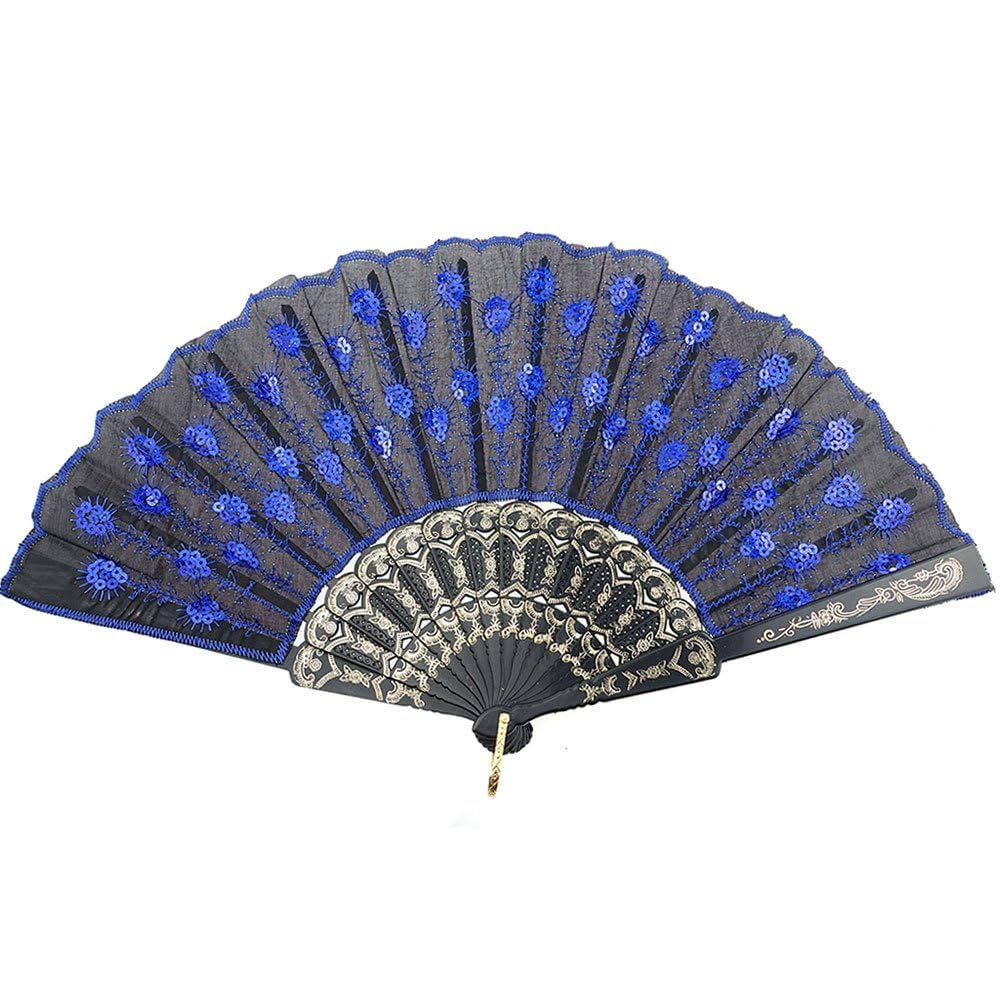 Photo 1 of INNOLIFE Elegant Colorful Embroidered Flower Peacock Pattern Sequin Fabric Folding Handheld Hand Fan Hand-crafted (Blue)