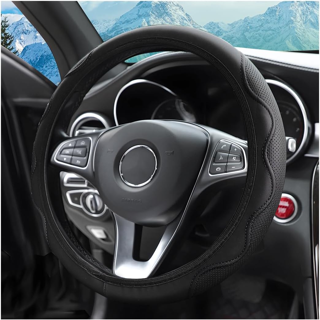 zipelo Car Steering Wheel Cover, Universal 15 Inch, Carbon Fiber Breathable Anti-Slip Steering Wheel Protector, Warm in Winter and Cool in Summer, Car Interior Accessories (Style2-Black)