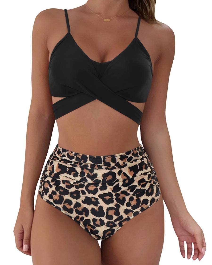 RXRXCOCO Damen Wickel Push Up Bikini Oberteil mit Bauchweg High Waist Bikini Set Bademode
