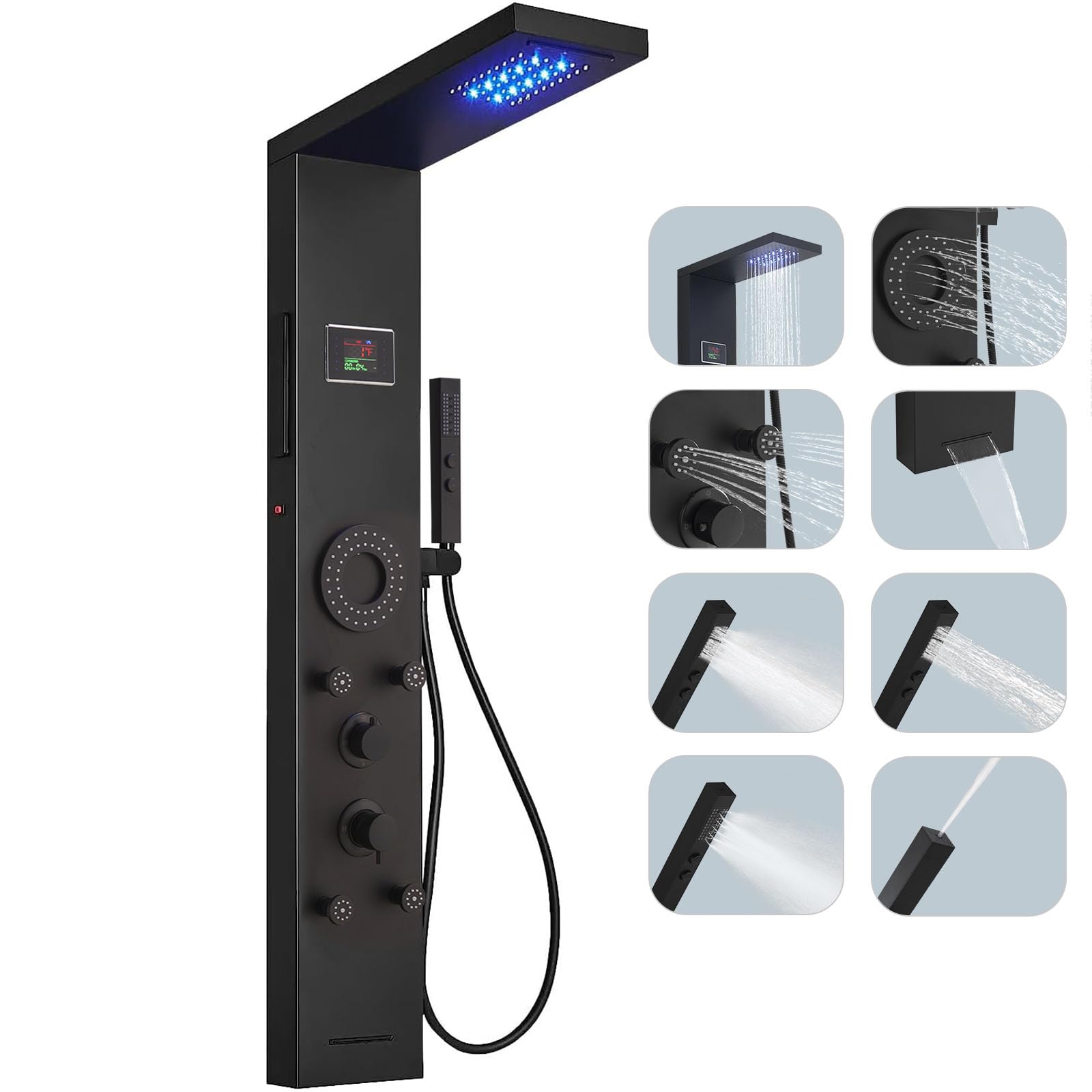 Hoimpro Black LED Shower Panel Tower System, 8-Function Shower Panel Light Rainfall Waterfall Shower Rain Massage System with Body Jets 4 IN 1 Handheld Shower Sprayer, Stainless Steel, Wall Mount