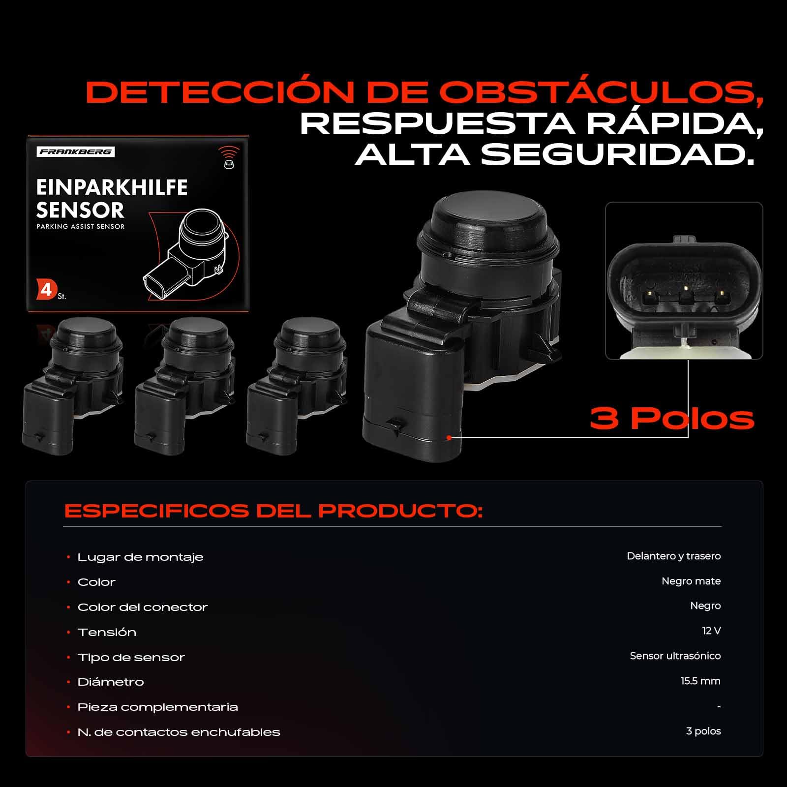 Frankberg 4 sensores de aparcamiento PDC de 3 Polos delanteros/traseros