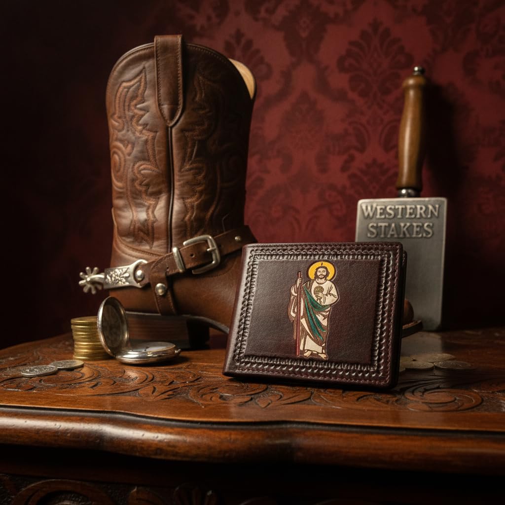 Cartera plegable de cuero occidental para hombre, piel auténtica con diseño de vaquero en relieve, gallo o San Judas, carteras delgadas de vaquero para hombre, Café, Cartera occidental