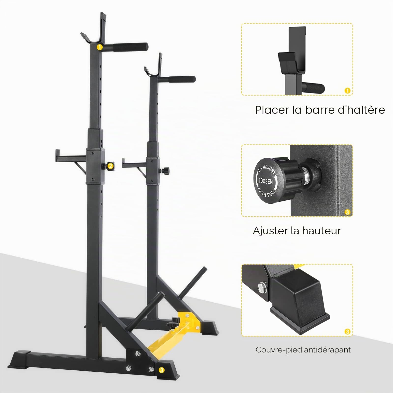 Squat Rack, Support d'Haltères Réglable, Cages de Squat Multifonction, Repose Haltères, Chandelles Musculation pour Gym, Domicile Max.250 kg
