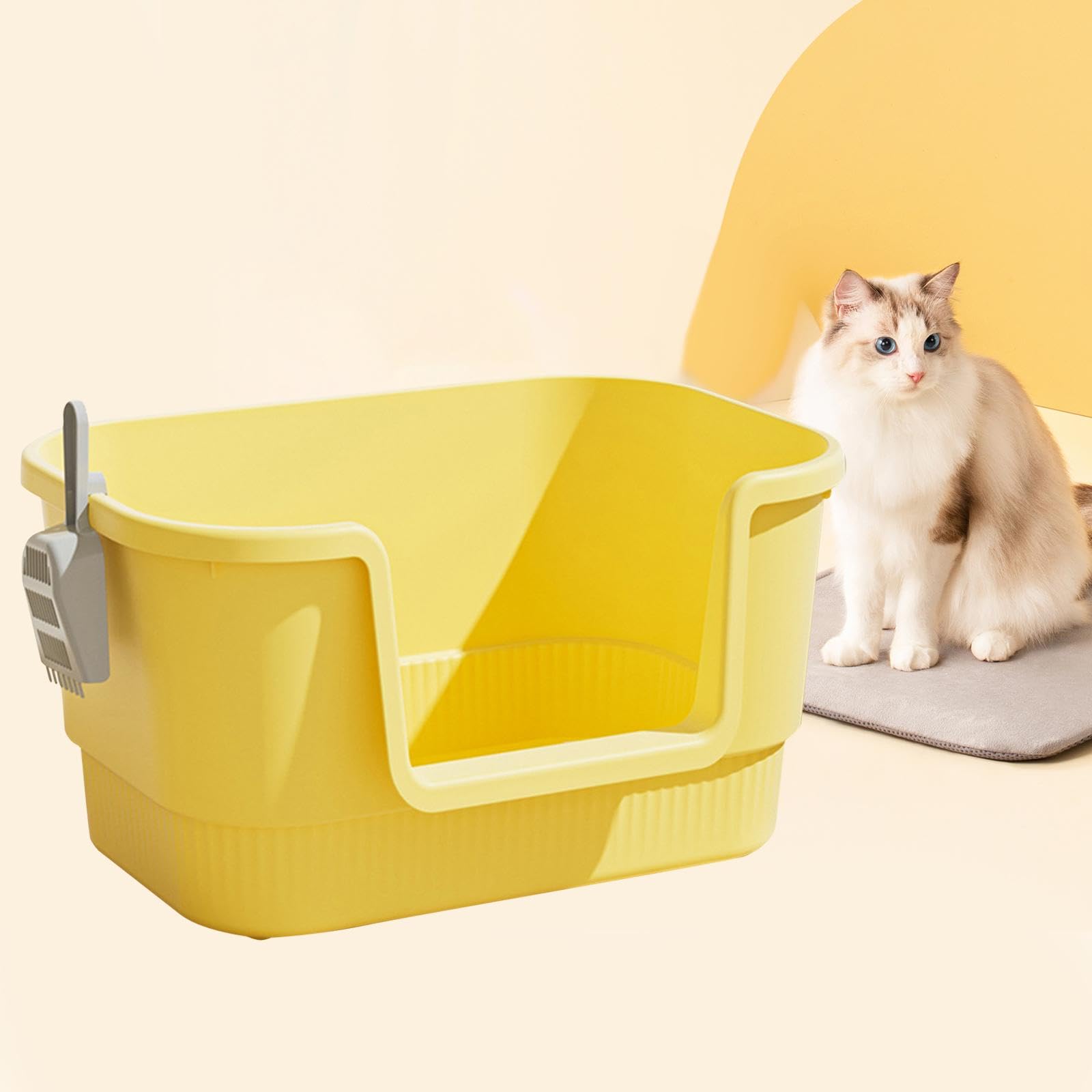 Katzenstreu Schale mit Offenem Oberteil Sifting Katzenklo Hohe Seiten Sandkasten Behälter mit Anti Rutsch Boden Aus PP Material für Mehrkatzenhaushalt, Gelb
