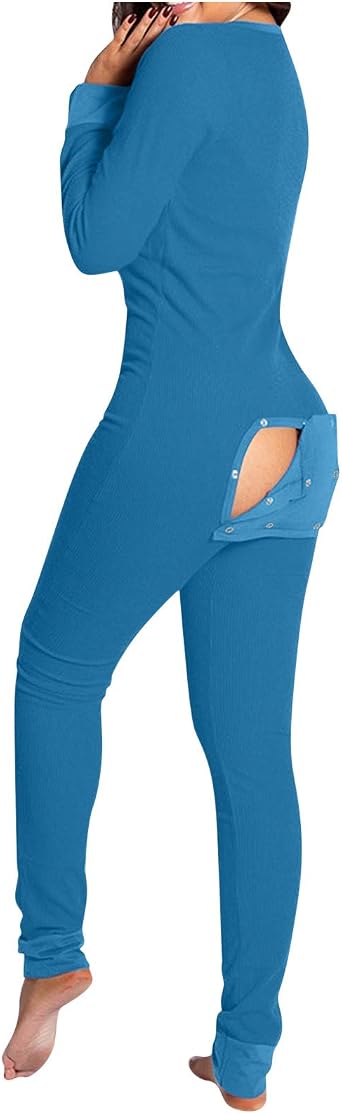 Pajamas for Women, Womens Onesie Solid Color Pajamas with Back Functional Buttoned Flap Sleepwear Romper Jumpsuits, 02-BLUE, S Regular