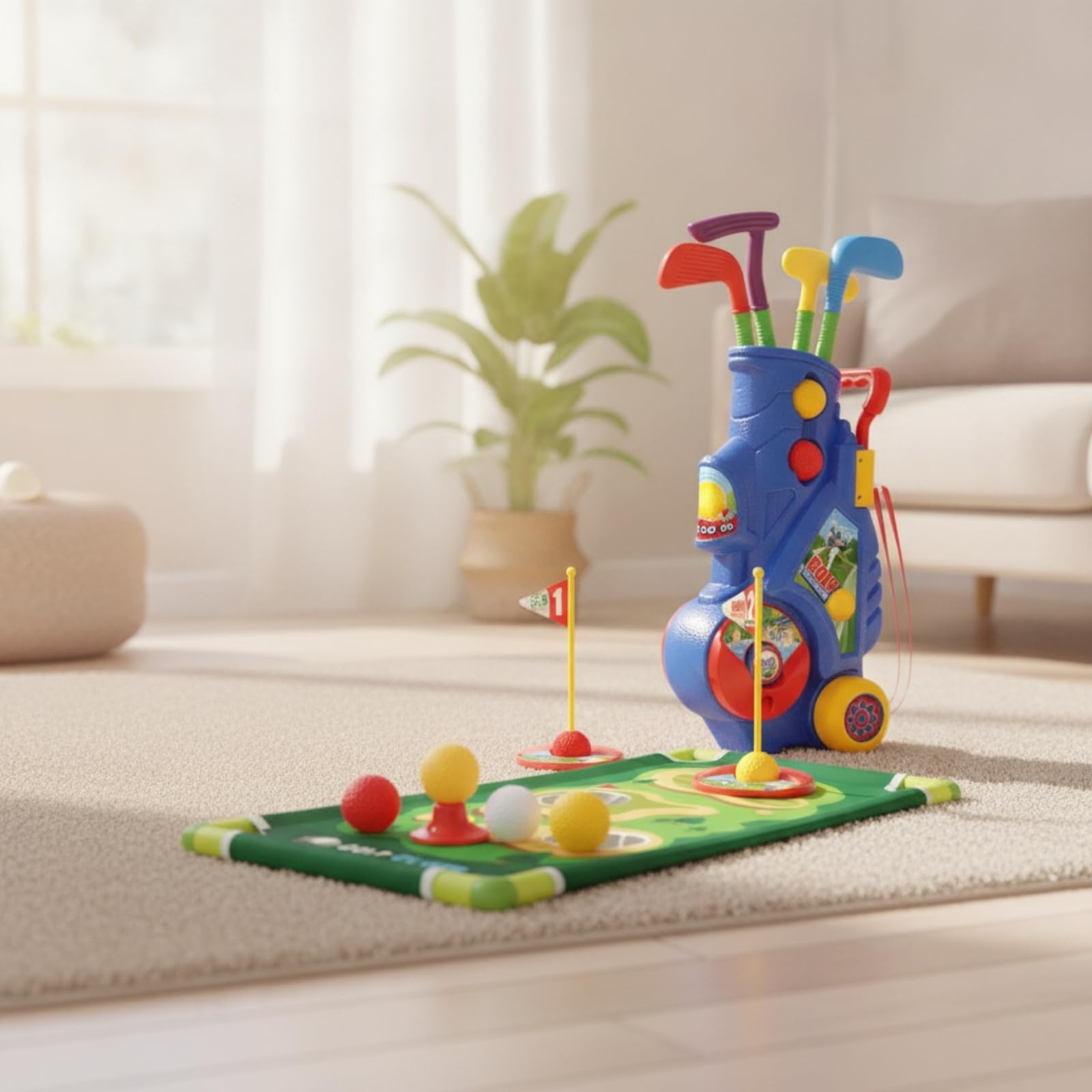Juego Golf Infantil con Carrito Portátil Juego Golf con Alfombra Putt Ligero para Jardín