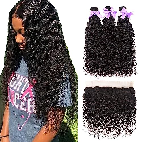 Brazilian Hair Water Wave 3 Bundles with Frontal 13x4 Free Part Lace Frontal 100% Virgin Human Hair Bundles Brazilian Hair Extensions Natural Black Color(14 16 18 + 12 frontal)
