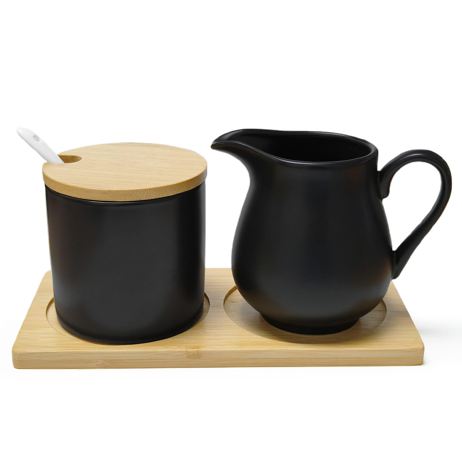 Set di latte e zucchero in ceramica con coperchio, brocca per il latte e zuccheriera su vassoio di legno, elegante servizio per il caffè, adatto al microonde e alla lavastoviglie (nero)