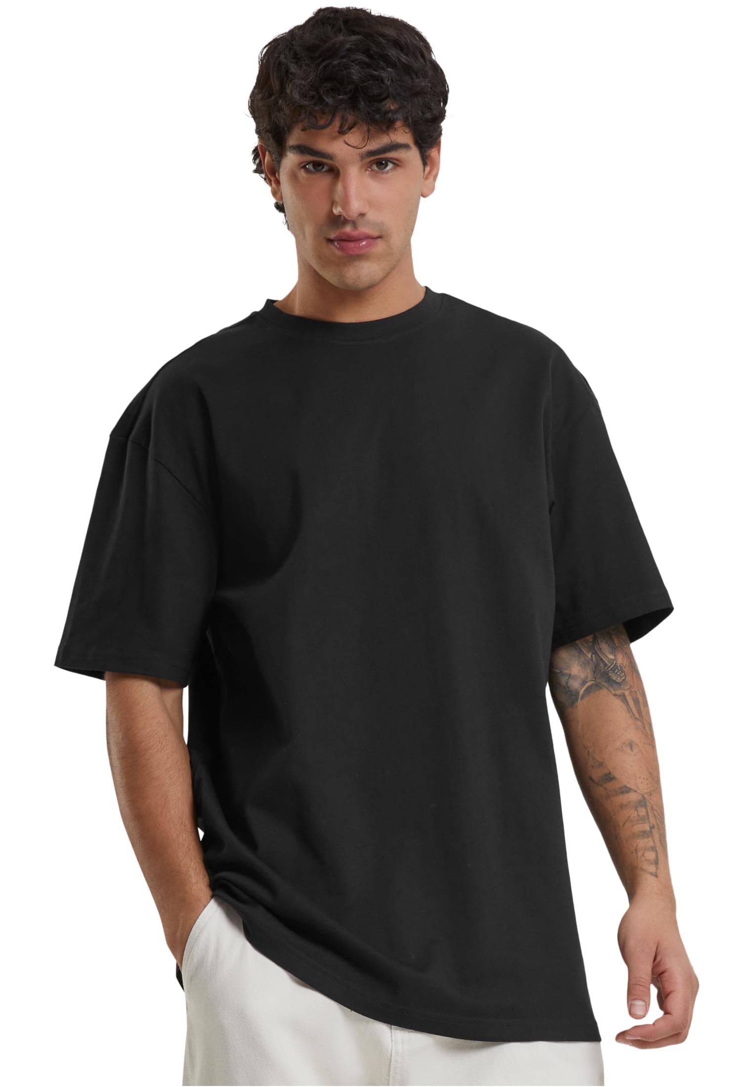 Men Basic Oversized T-Shirt Wide Cut, Long Tee, Short Sleeves Shirt with Crew Neck, 100% Jersey Cotton