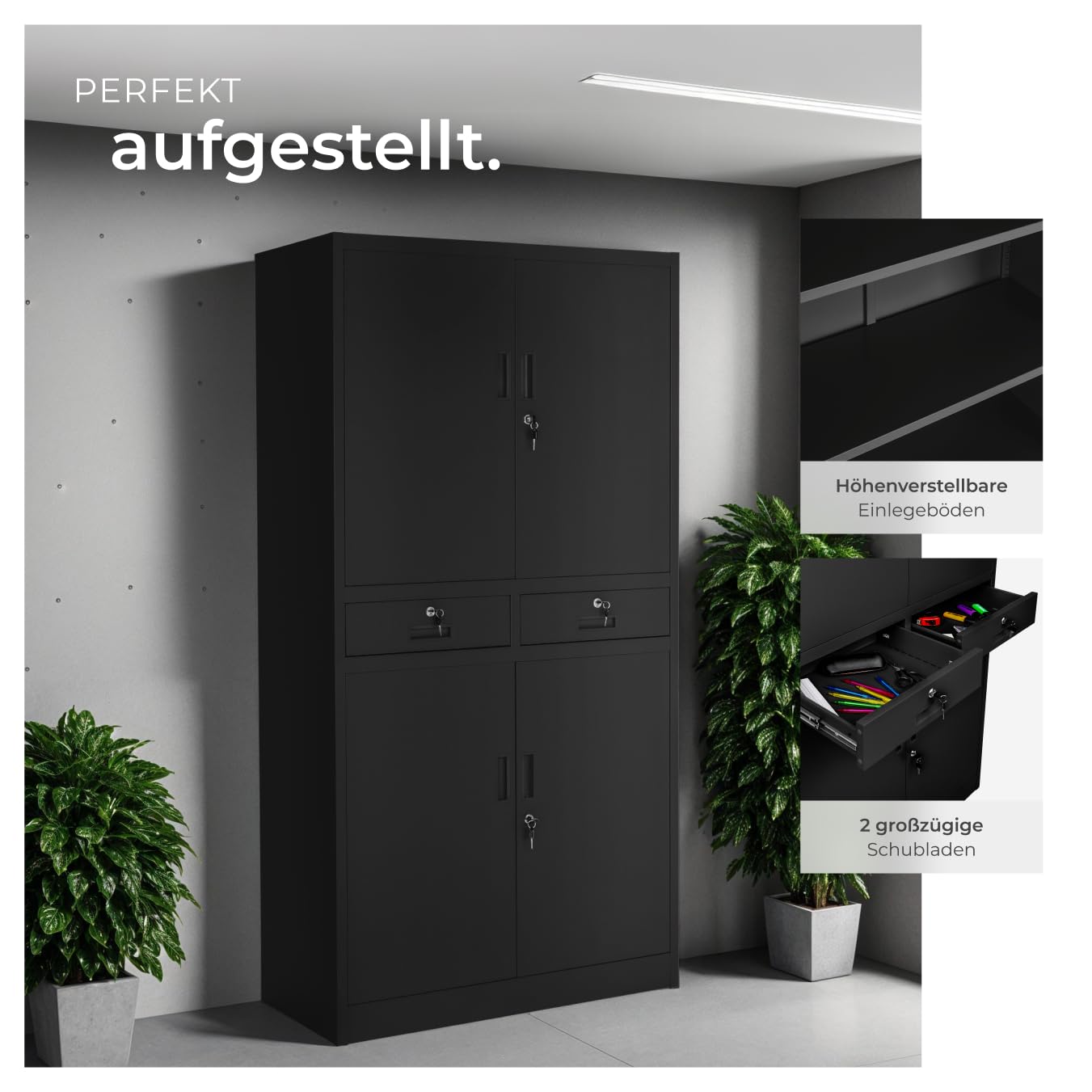 tectake® Aktenschrank, Mehrzweckschrank aus Stahl, Allzweckschrank, Aktenschrank abschließbar, 2 Schrankabteilen, 2 Schubladen, Türen und Schloss, Büroschrank, Werkzeugschrank, 180x80x40cm - schwarz