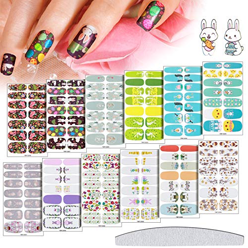 12 Sheets Easter Full Nail Wrap Art Sticker Nail Art Polish Stickers Self-Adhesive Nail Art Strips Full Nail Art Decals with 1 Pieces Nail File for Women Girls Easter Decoration (Classic Pattern)